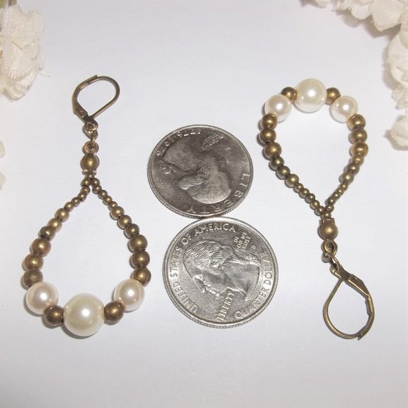 Hoops White Faux Pearl and Bronze Boho Style Jewelry Gift Idea for Her Set 7043 - Picture 3 of 6